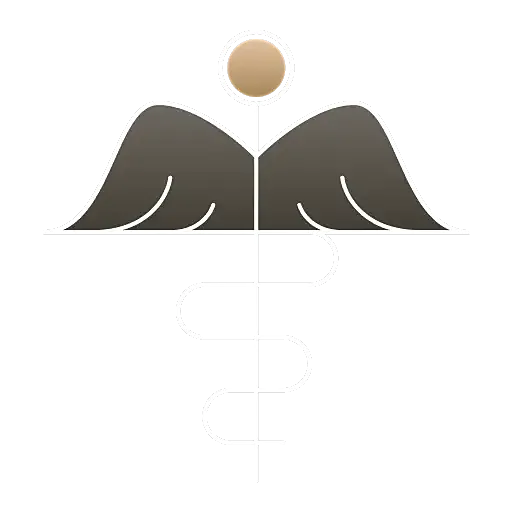 Medical symbol with wings and a circular element.