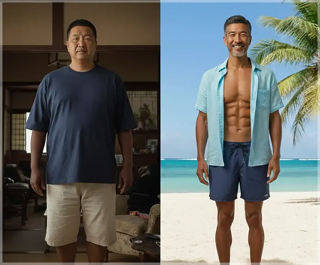 Before and after body transformation comparison image.